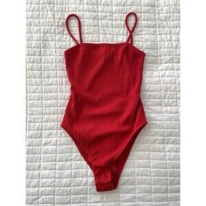 TOPSHOP Ribbed Knit Red Womens Bodysuit Snap Crotch Square Neck Size 4
